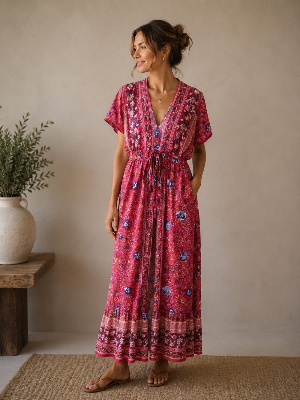 Bohemian Floral V-Neck Maxi Dress in Pink